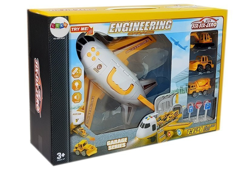 Samolot Transportowy Garaz Maszyn Budowlanych z Naciagiem 1:64 Dzwiek Swiatla