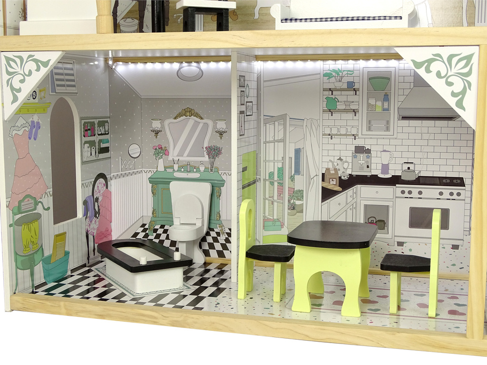 Domek dla Lalek Drewniany Willa Wioletta Bialy Swiatlo Balkon