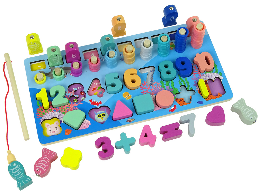 Plansza Drewniana Edukacyjna 5 w 1 Liczby Dzialania Matematyka Liczydlo Lowienie Rybek