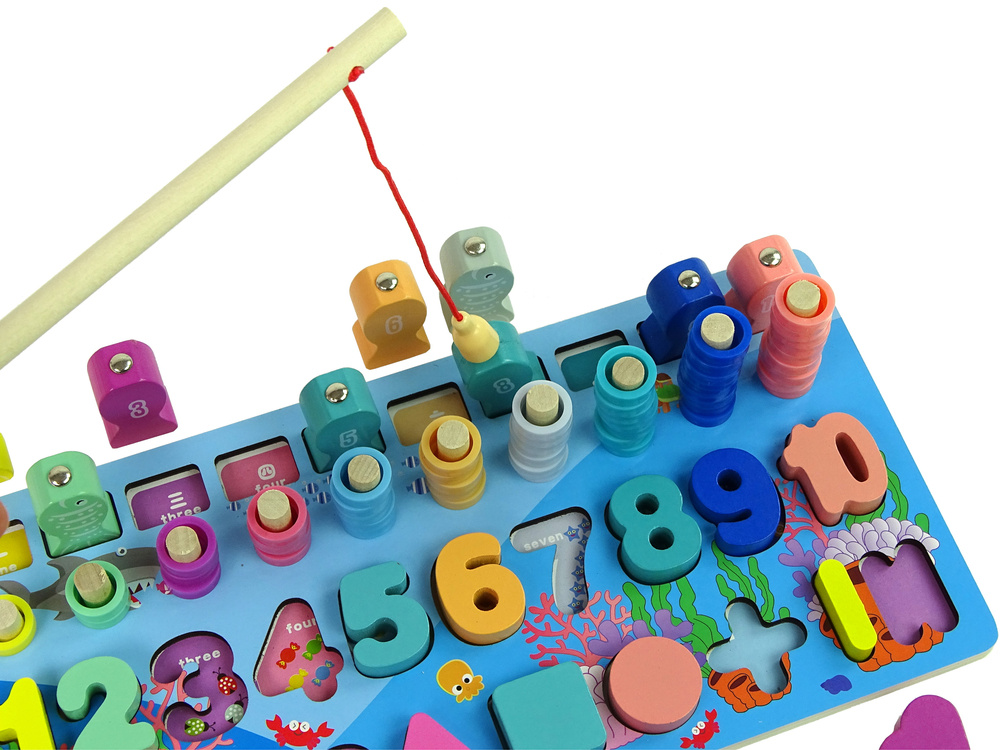 Plansza Drewniana Edukacyjna 5 w 1 Liczby Dzialania Matematyka Liczydlo Lowienie Rybek