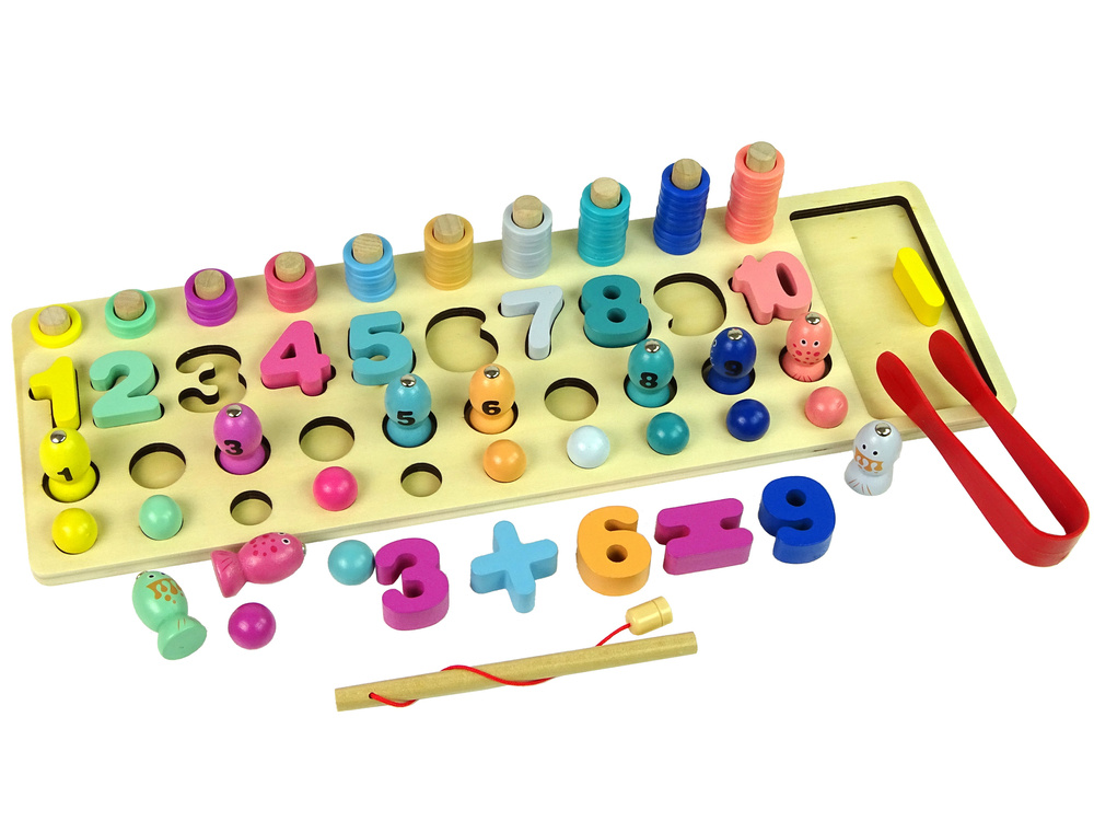 Plansza Drewniana Edukacyjna 4 w 1 Liczby Liczydlo Lowienie Rybek