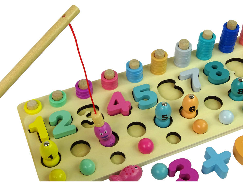 Plansza Drewniana Edukacyjna 4 w 1 Liczby Liczydlo Lowienie Rybek