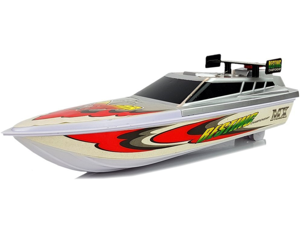 Lodz Motorowka Na Baterie Srebrna z Naklejkami 4 Kierunki 40 cm