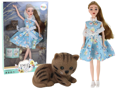 Children's Doll Emily Spring Long Hair Blue Dress Kitten