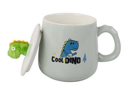 Dinosaur Blue Ceramic Mug, Lid, Spoon, 350ml