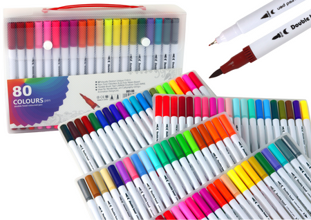 Set of 80 colored marker pens in an organizer
