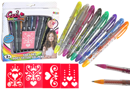 Set of glitter tattoo pens 8 pcs. Stencils 4 pcs.