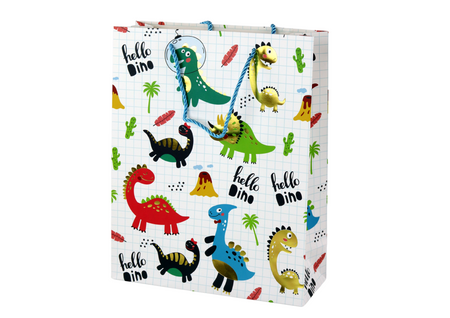 White Checkered Paper Gift Bag Dinosaurs 32 cm x 26 cm x 10 cm