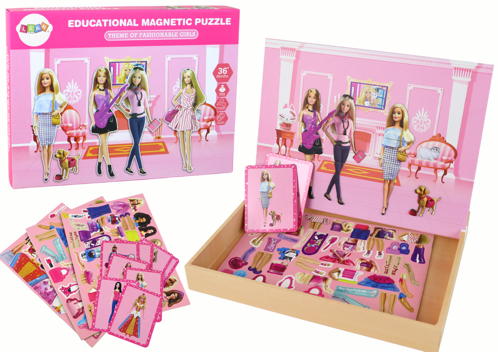 A set of educational magnetic puzzles with a Barbie motif