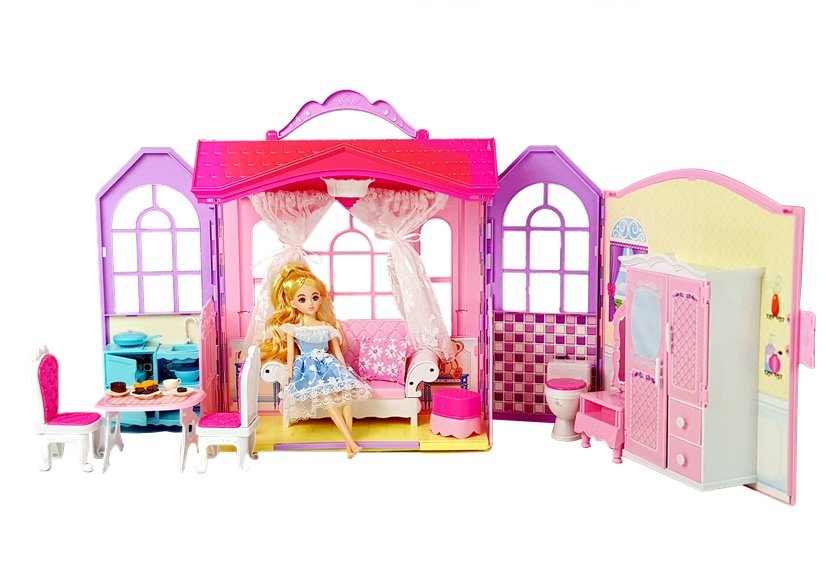 Fold-out dollhouse Blonde doll with accessories Kitchen Toilet Bedroom ...