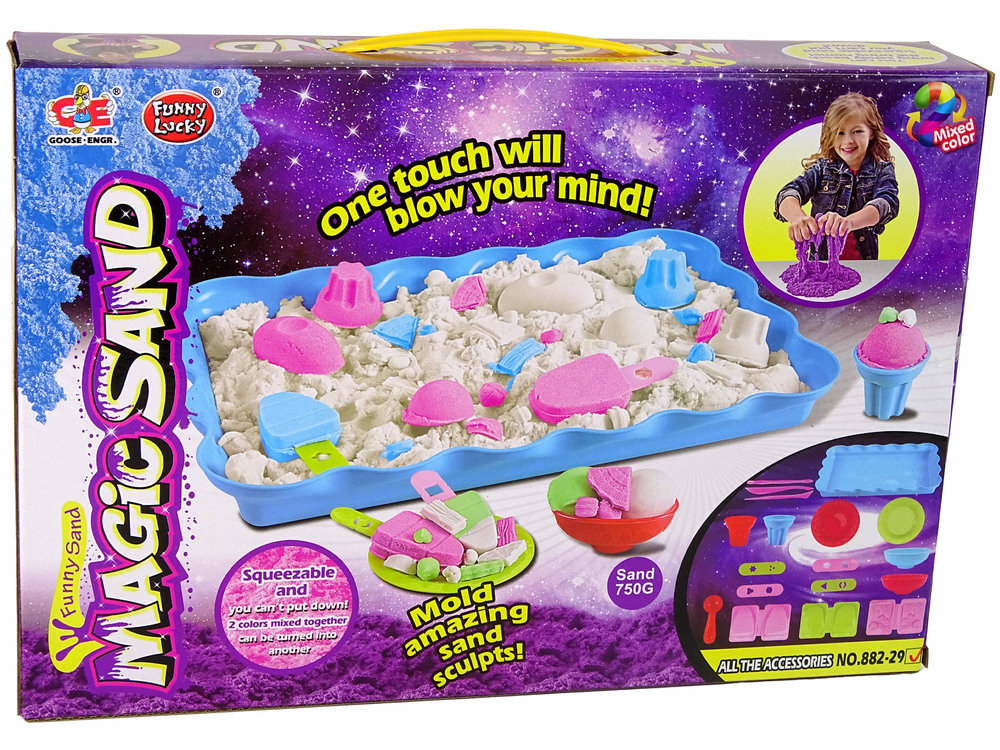 Magic Kinetic Sand + accessories for creating desserts 3 colours
