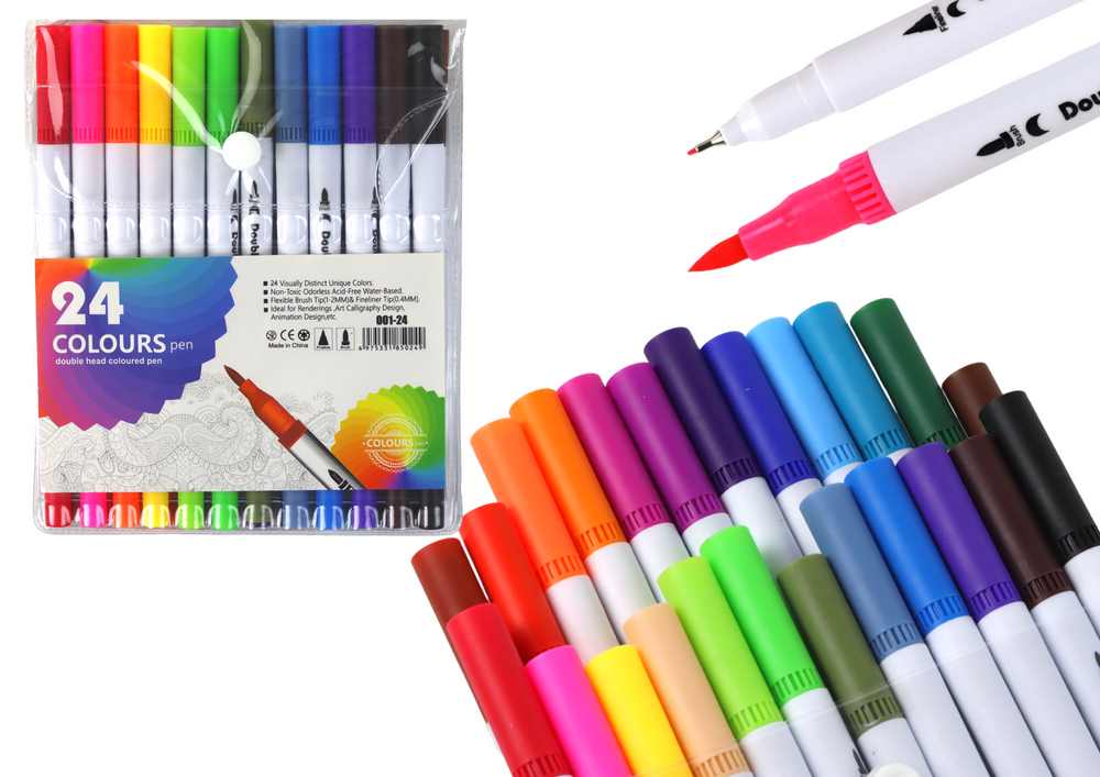 Set of 24 double-sided markers in various colors in an organizer