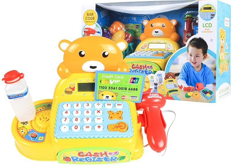 Teddy Bear Cash Register Barcode Reader, LCD Display, Basket Toys