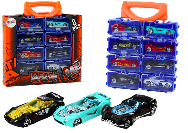 A set of cars with springs in a metal suitcase, 8 pieces