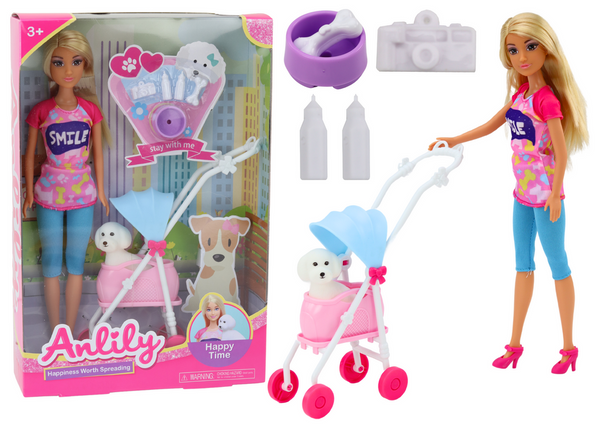 Anlily doll with a dog in a stroller bottles bowl bone apparatus