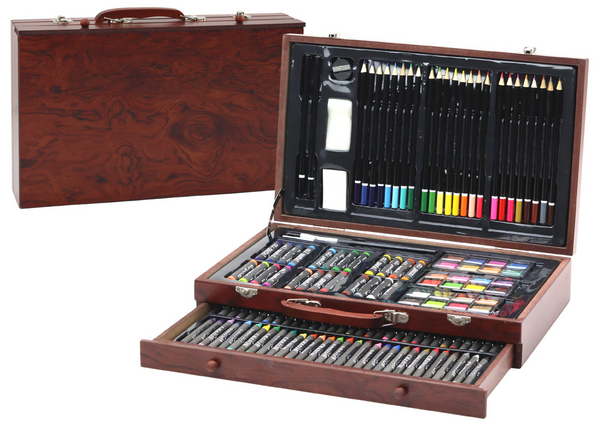 Art Set In Wooden Suitcase Crayons Pastels Paints