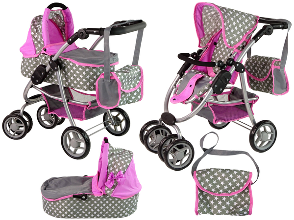 Baby Doll Stroller 2-in-1 Carrycot Bag Pink Stars