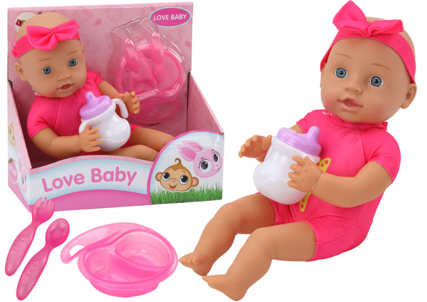 Baby doll, pink clothes, headband, feeding accessories