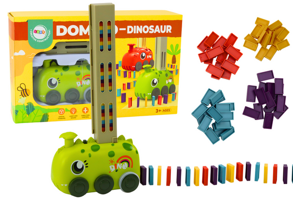 Battery-operated Green Dinosaur Car Arranging Colorful Dominoes 4 Colors of Blocks