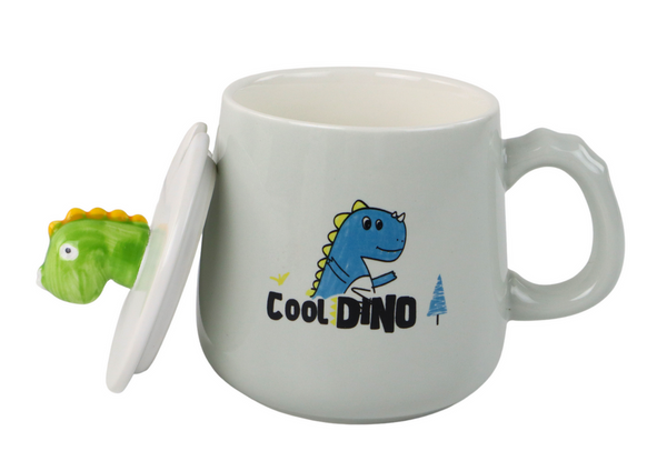 Dinosaur Blue Ceramic Mug, Lid, Spoon, 350ml