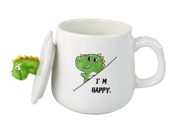 Dinosaur Ceramic Mug, White, Lid, Spoon, 350ml