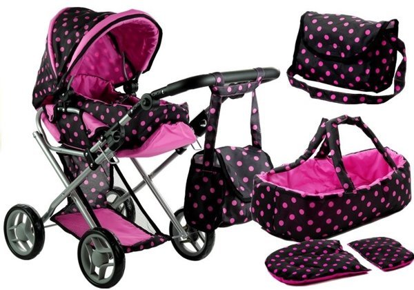 Doll Bogie and Stroller Alice- with Carrier, Bag and Bedding Black with Pink Dots