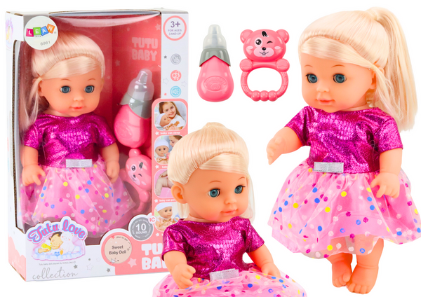 Doll In Pink Dress Peeing Bottle Rattle Sounds