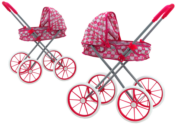 Doll Stroller Large Wheels Foldable Pink Hearts