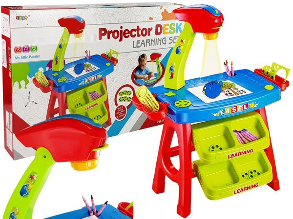 Educational Drawer Table with Projector 36 Pictures Crayons Templates Blue and Red