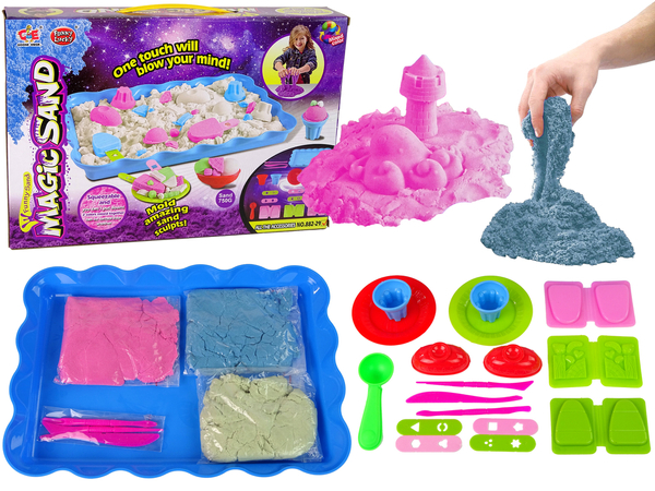 Magic Kinetic Sand + accessories for creating desserts  3 colours of sand