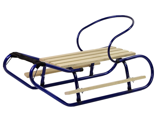 Metal blue sledge with a backrest and towing belt