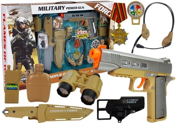 Military Kit with Accessories Gun Knife Binoculars Headphones Whistle Shortwave Radio