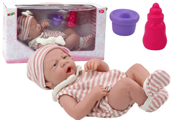 Newborn Baby Doll, Striped Clothes, Hat, Socks, Bottles