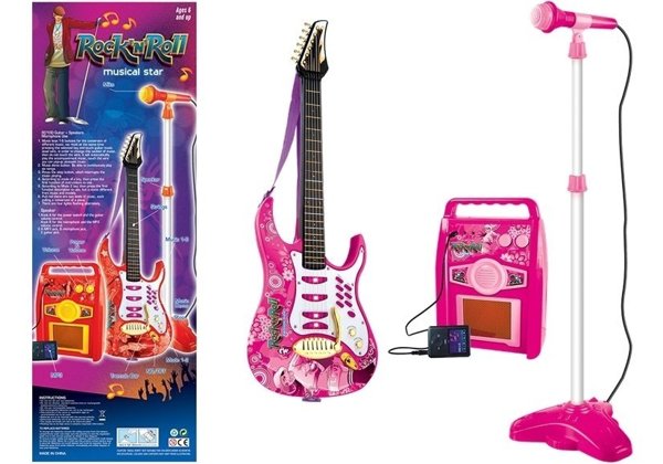 Pink electric guitar with microphone and amplifier