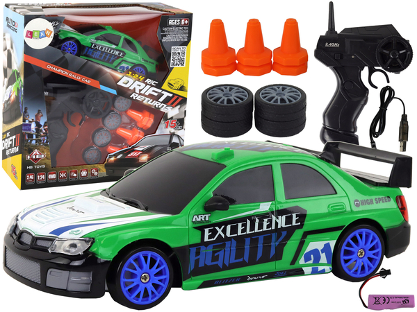 Remote Controlled Sports Car R/C 1:24 Green Interchangeable Wheels