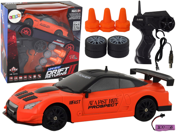 Remote Controlled Sports Car R/C 1:24 Orange Interchangeable Wheels