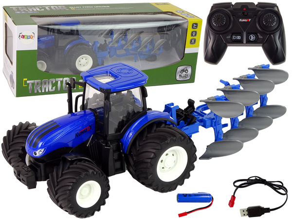 Remote Controlled Tractor 1:24 Blue Plough Metal