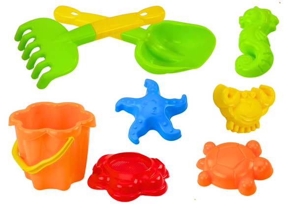 Set for Sand, Bucket, Strainer, Molds, 8 pieces, Colorful