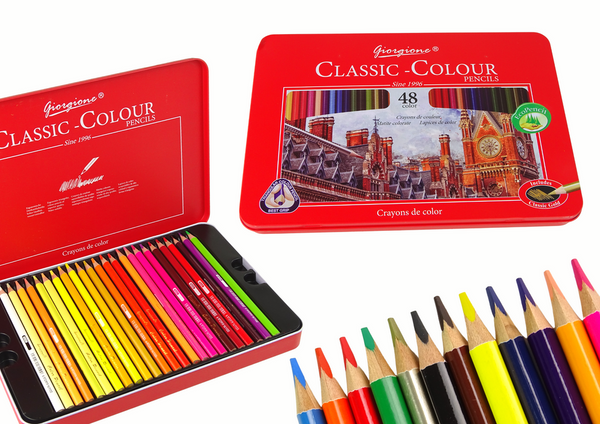 Set of 48 Art Crayons Metal Container