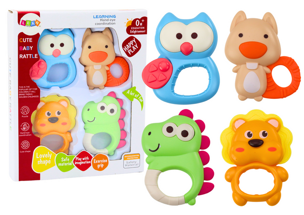 Set of Rattles, Teethers, Colorful Pastel Animals, 4 Pcs