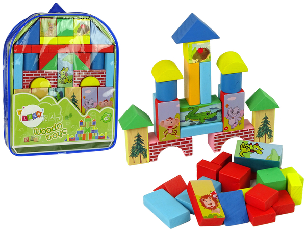 Set of Wooden Bricks with Animals Castle in a Backpack