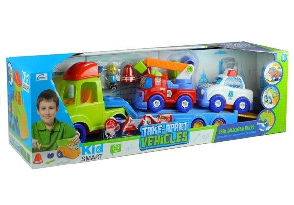 Set of vehicles Police Fire Engine Auto Transport Trailer Unscrewing