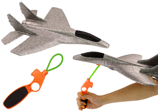 Styrofoam Fighter Plane With Slingshot Launcher Gray