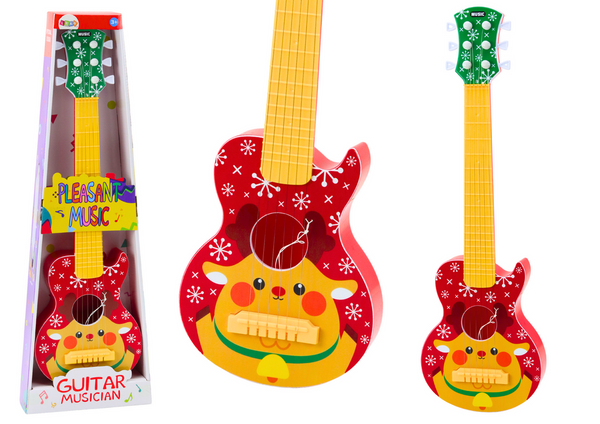 Toy Guitar for Children, Adjustable Strings, Red Reindeer