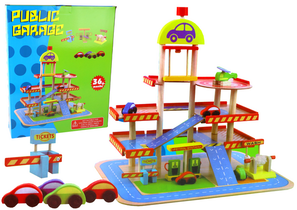 Wooden Double-Story Parking Lot Cars Accessories Set