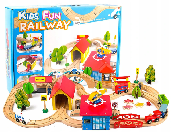 Wooden Train Track Cars Trees Buildings