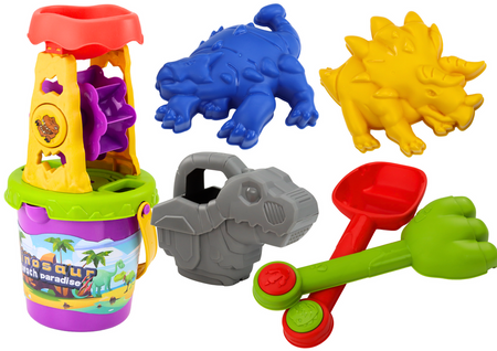 Dinosaurier-Sand-Set, Mühle, Trichter, Spachtel, Rechen, Gießkanne, Formen