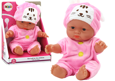 Kleine Babypuppe, rosa Kleidung, Hasenhut