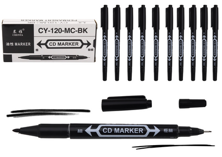 Set doppelseitiger wasserfester Marker für CDs, schwarz, 10 Stück.