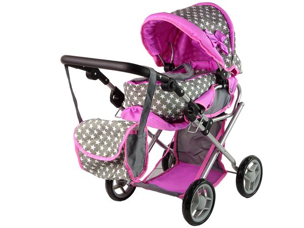 2-in-1-Kinderwagen mit Tasche Grau Rosa Sterne